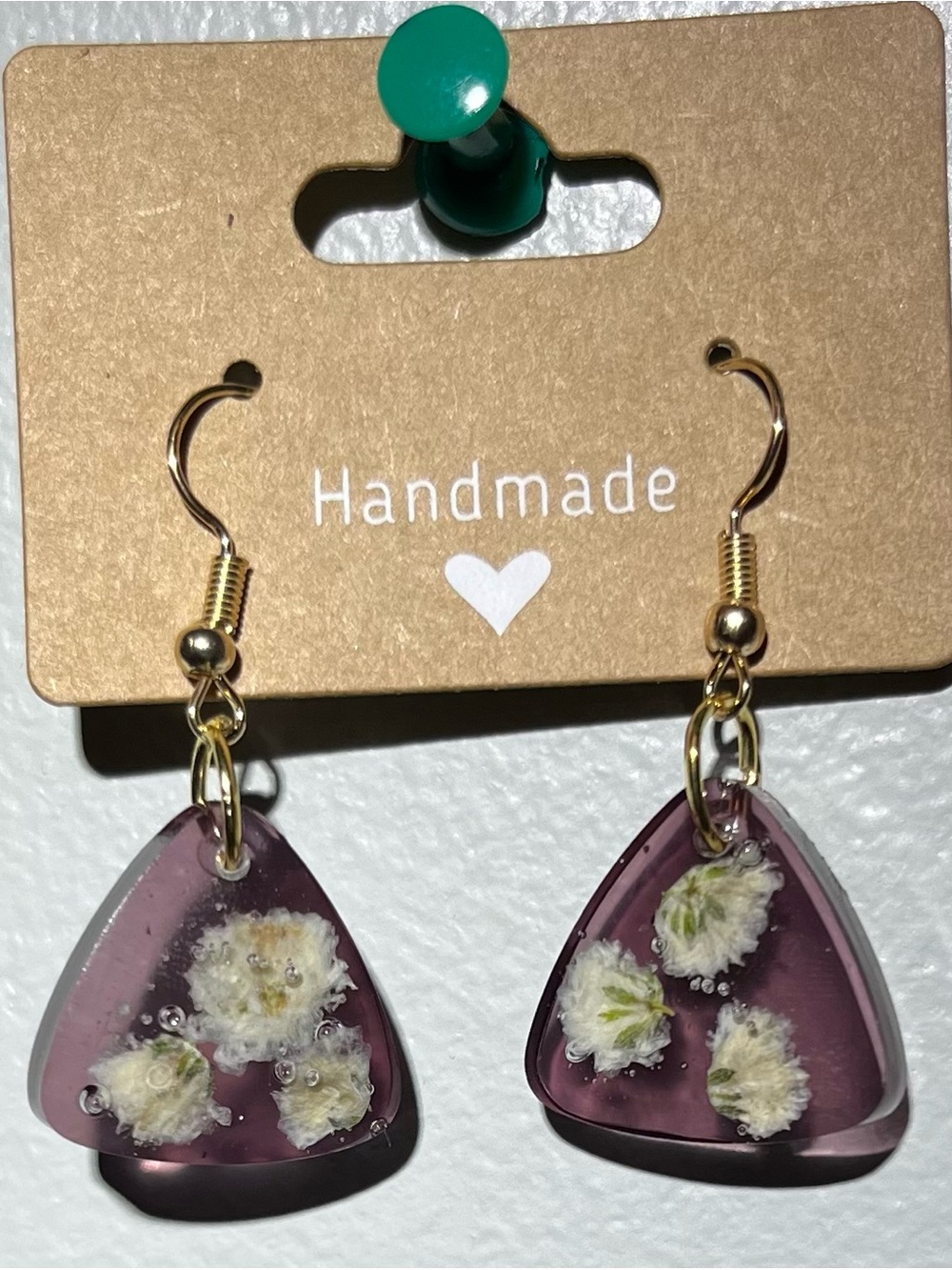 Handmade Purple Floral Resin Drop Earrings
